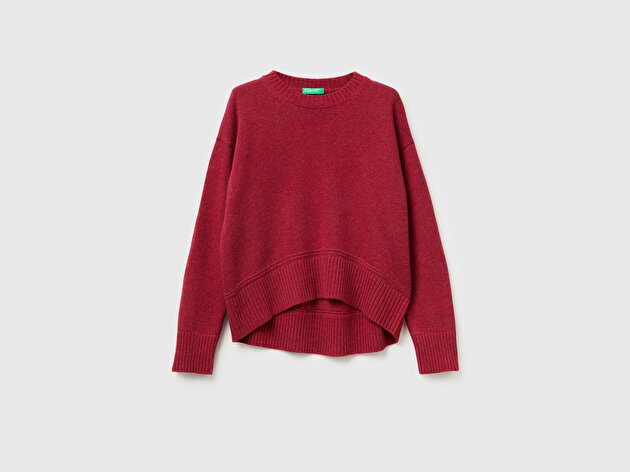 Benetton Kadın Fuşya Yün Karışımlı Alt Kısmı Geniş Bisiklet Yaka Kazak