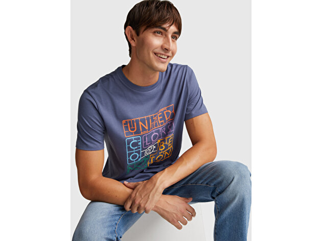 Benetton Erkek Havacı Mavi %100 Pamuk Önü Logo Baskılı Relax Fit T-Shirt