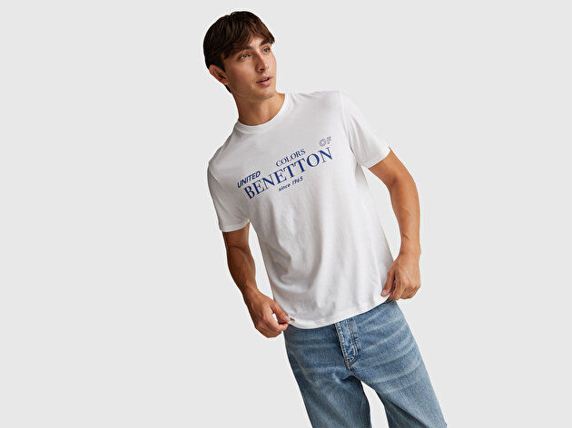Benetton Erkek Beyaz %100 Pamuk Önü Logo Baskılı Relax Fit T-Shirt