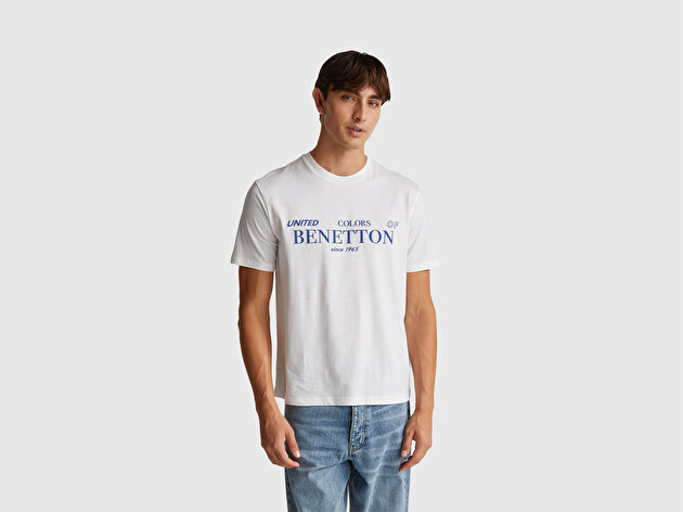 Benetton Erkek Beyaz %100 Pamuk Önü Logo Baskılı Relax Fit T-Shirt