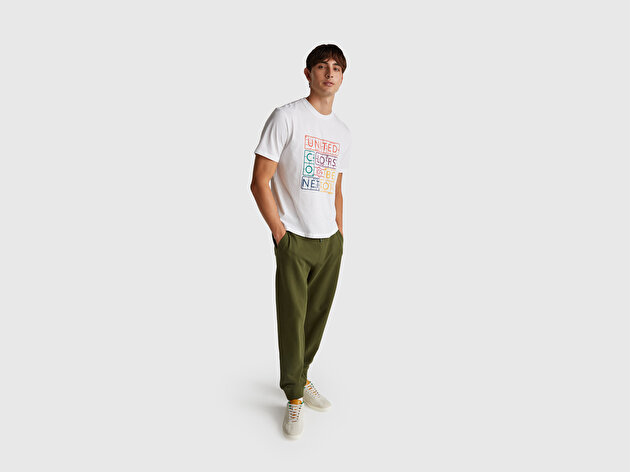 Benetton Erkek Beyaz-Renkli Baskılı %100 Pamuk Önü Logo Baskılı Relax Fit T-Shirt