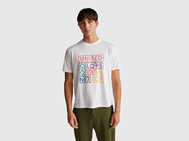 Benetton Erkek Beyaz-Renkli Baskılı %100 Pamuk Önü Logo Baskılı Relax Fit T-Shirt