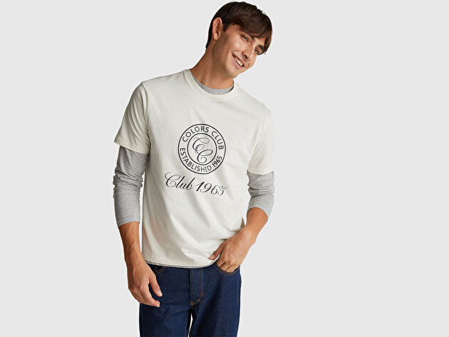 Benetton Erkek Beyaz-Renkli Yazılı %100 Pamuk Önü Logo Baskılı Relax Fit T-Shirt