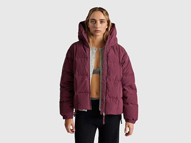 Benetton Kadın Mürdüm Kuş Tüyü Kapüşonlu Fermuarlı Kolu Lastikli Şişme Mont