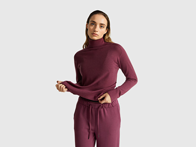 Benetton Kadın Mürdüm %100 Yün Ribana Detaylı Balıkçı Yaka Kazak