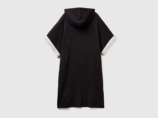 Benetton Kadın Siyah Pamuk ve Yün Karışımlı Çift Taraflı Kapüşonlu Kısa Kol Hırka