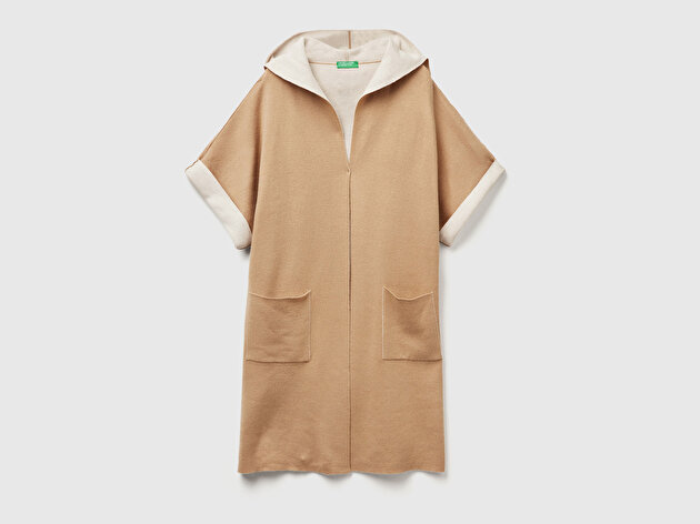 Benetton Kadın Kahverengi  Pamuk ve Yün Karışımlı Çift Taraflı Kapüşonlu Kısa Kol Hırka