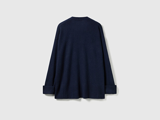 Benetton Kadın Lacivert Yün ve Viskoz Karışımlı Ribana Detaylı Düğmeli Hırka