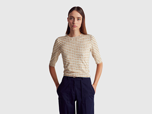 Benetton Kadın Krem Viskoz Karışımlı Desenli Bisiklet Yaka Kısa Kollu Kazak