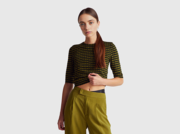 Benetton Kadın Haki Yeşili Viskoz Karışımlı Desenli Bisiklet Yaka Kısa Kollu Kazak