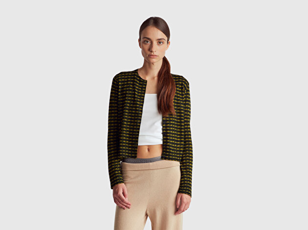 Benetton Kadın Haki Yeşili Viskoz Karışımlı Tamamı Desenli Düğmeli Hırka