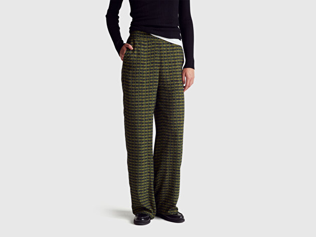 Benetton Kadın Koyu Yeşil %100 Viskoz Tamamı Desenli Beli Lastikli Pantolon