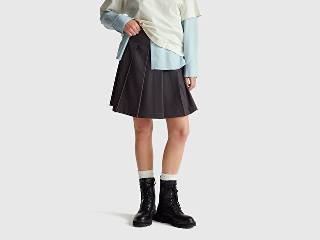 Benetton Kadın Antrasit Viskoz Karışımlı Pileli Diz Üstü Etek