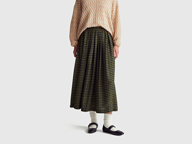 Benetton Kadın Koyu Yeşil %100 Viskoz Tamamı Desenli Pileli Midi Etek