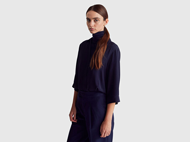 Benetton Kadın Lacivert %100 Viskoz Yarım Kol Gömlek Yaka Bluz