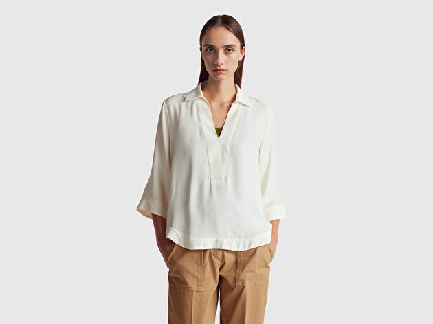 Benetton Kadın Krem %100 Viskoz Yarım Kol Gömlek Yaka Bluz