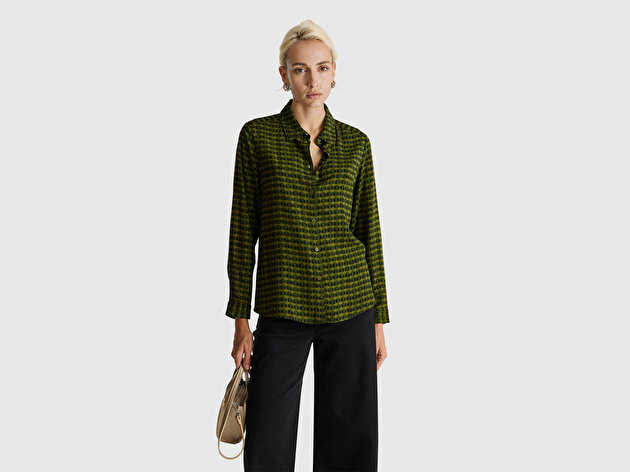 Benetton Kadın Koyu Yeşil %100 Viskoz Desenli Gömlek