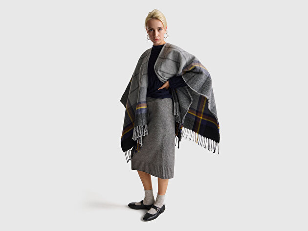 Benetton Kadın Antrasit Melanj Pamuk ve Yün Karışımlı Ribana Detaylı Bağcıklı Örme Etek