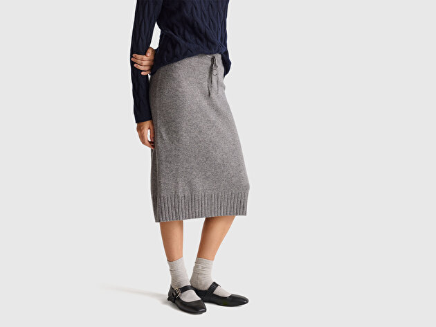 Benetton Kadın Antrasit Melanj Pamuk ve Yün Karışımlı Ribana Detaylı Bağcıklı Örme Etek