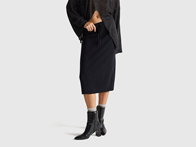 Benetton Kadın Sİyah Pamuk ve Yün Karışımlı Ribana Detaylı Bağcıklı Örme Etek