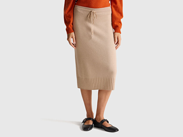 Benetton Kadın Bej Pamuk ve Yün Karışımlı Ribana Detaylı Bağcıklı Örme Etek