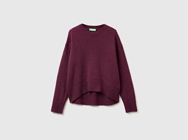 Benetton Kadın Mürdüm Yün Karışımlı Alt Kısmı Geniş Bisiklet Yaka Kazak