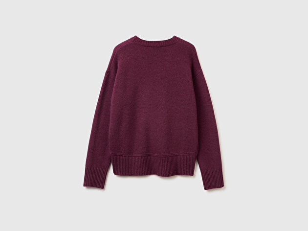 Benetton Kadın Mürdüm Yün Karışımlı Alt Kısmı Geniş Bisiklet Yaka Kazak