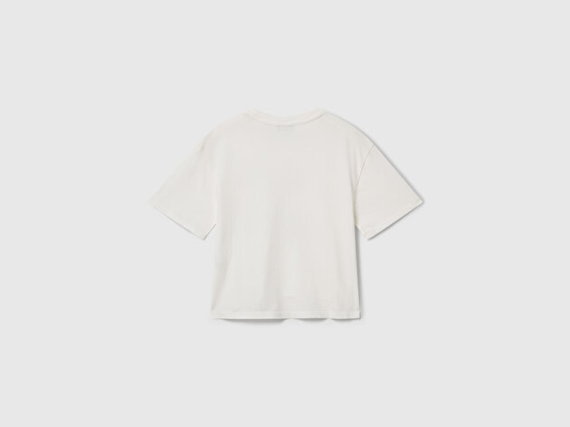 Benetton Kız Çocuk Ekru Önü Baskılı Aplikeli Ribana Yakalı Relaxed Fit T-shirt