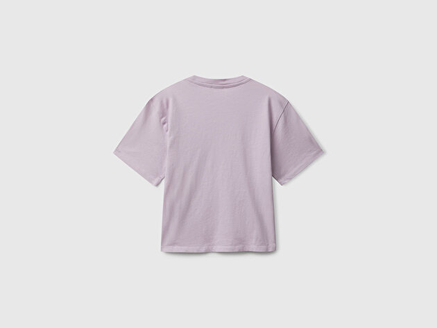 Benetton Kız Çocuk Lila Önü Baskılı Aplikeli Ribana Yakalı Relaxed Fit T-shirt