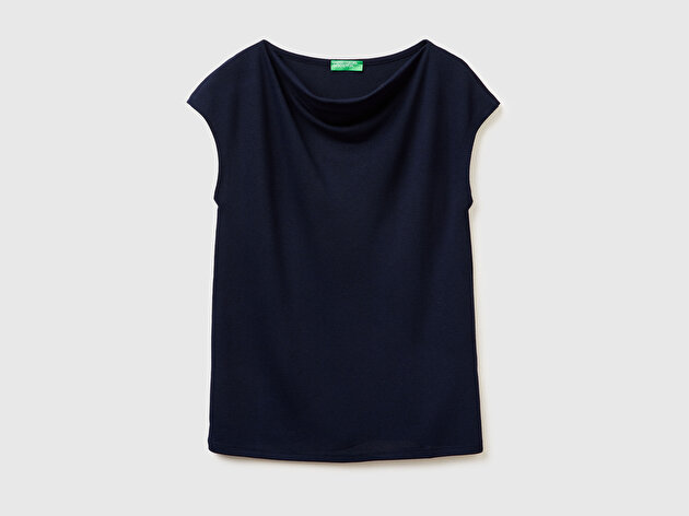 Benetton Kadın Lacivert Viskoz Karışımlı Kayık Yaka Kolsuz Üst