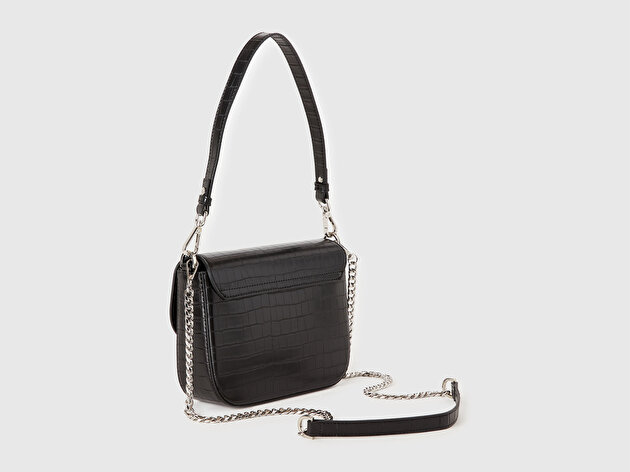 Benetton Kadın Siyah Logo Detaylı Metal Tokalı Zincirli Askılı Kroko Çanta
