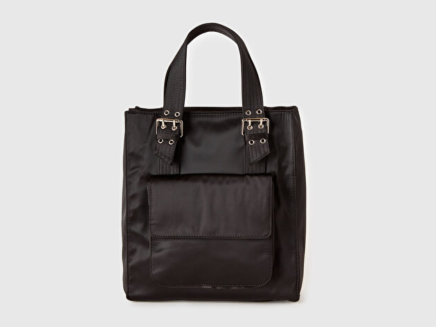 Benetton Kadın Siyah Metal Detaylı Cepli Askılı Omuz Çantası