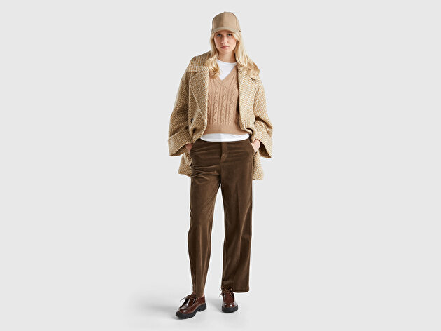 Benetton Kadın Koyu Kahverengi Pamuk Karışımlı Arkası Lastikli Cepli Geniş Paça Kadife Pantolon