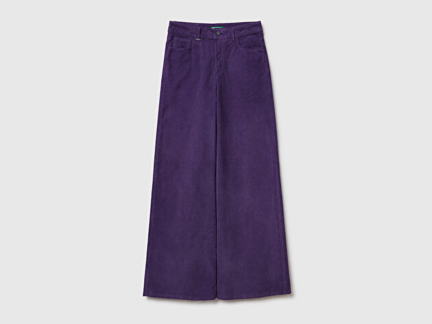 Benetton Kadın Mor Pamuk Karışımlı Arkası Logo Etiketli Geniş Paça  Kadife Pantolon