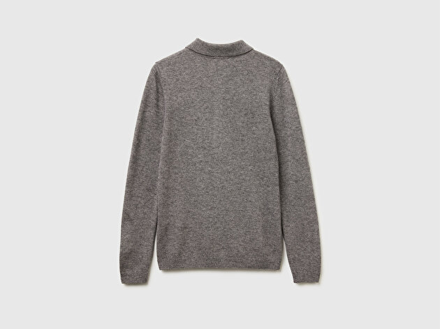 Benetton Kadın Antrasit Melanj Yün ve Kaşmir Karışımlı Regular Fit Polo Yaka Kazak