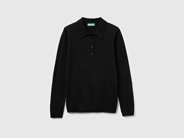 Benetton Kadın Sİyah Yün ve Kaşmir Karışımlı Regular Fit Polo Yaka Kazak