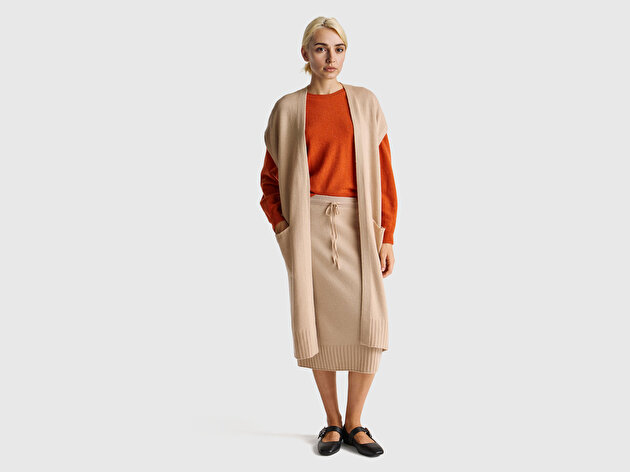 Benetton Kadın Bej Yün ve Kaşmir Karışımlı Ribana Detaylı Kısa Kollu Uzun Hırka