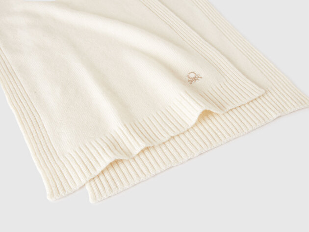 Benetton Kadın Krem Yün ve Kaşmir Karışımlı Logo Detaylı Ribanalı Atkı