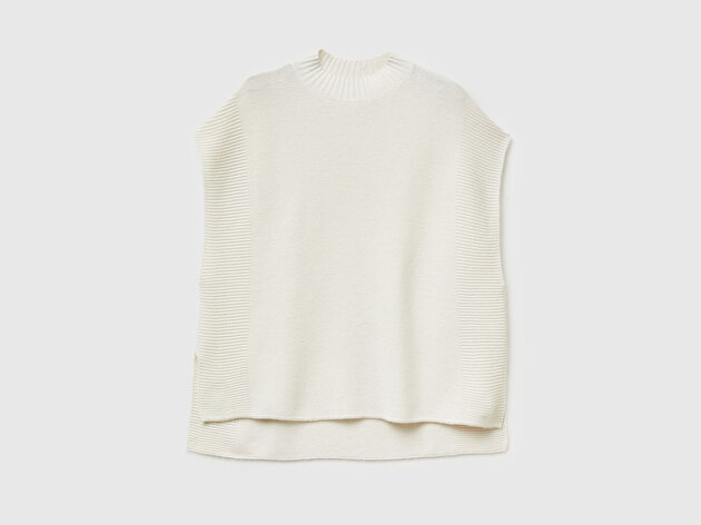 Benetton Kadın Krem Yün Karışımlı Ribana Detaylı Yırtmaçlı Kolsuz Kazak