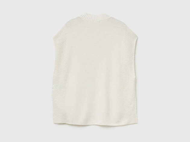 Benetton Kadın Krem Yün Karışımlı Ribana Detaylı Yırtmaçlı Kolsuz Kazak