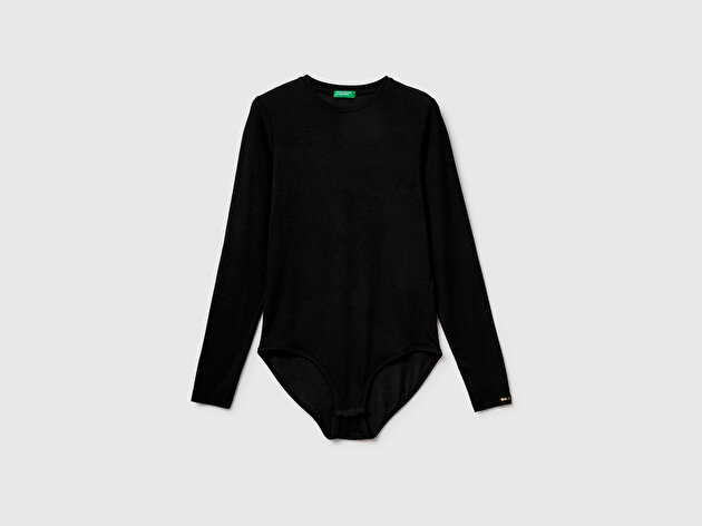 Benetton Kadın Siyah Modal ve Kaşmir Karışımlı Uzun Kollu Body