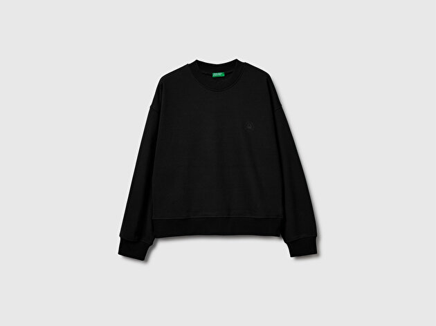 Benetton Kadın Siyah Pamuk Karışımlı Logo Baskılı Sweatshirt