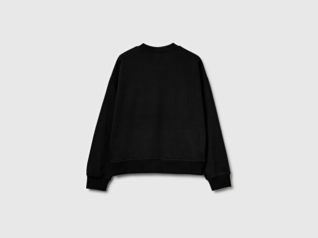 Benetton Kadın Siyah Pamuk Karışımlı Logo Baskılı Sweatshirt