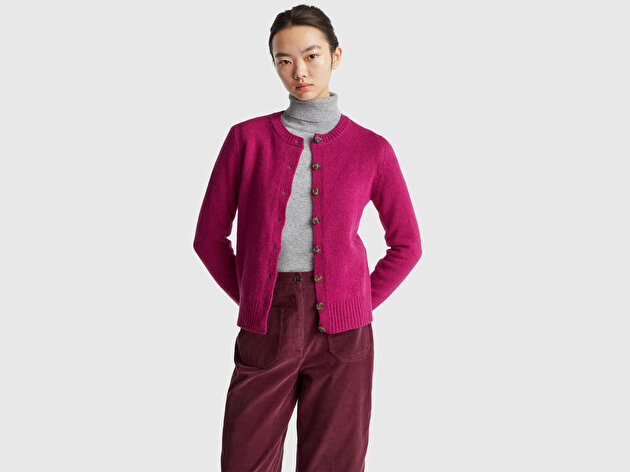 Benetton Kadın Fuşya Shetland Hırka