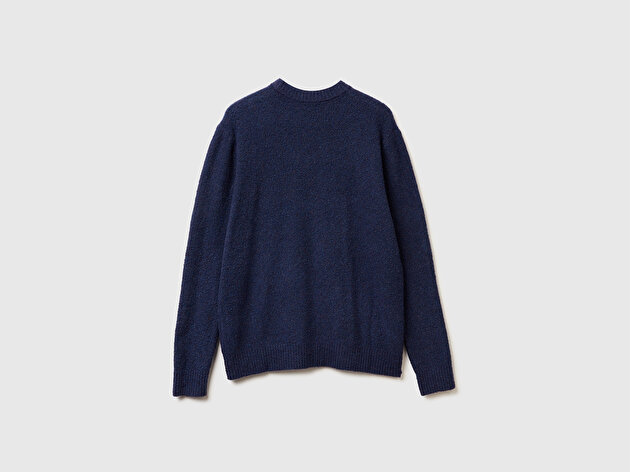 Benetton Erkek Denim Mavi Pamuk ve Yün Karışımlı Ribana Detaylı Bisiklet Yaka Kazak