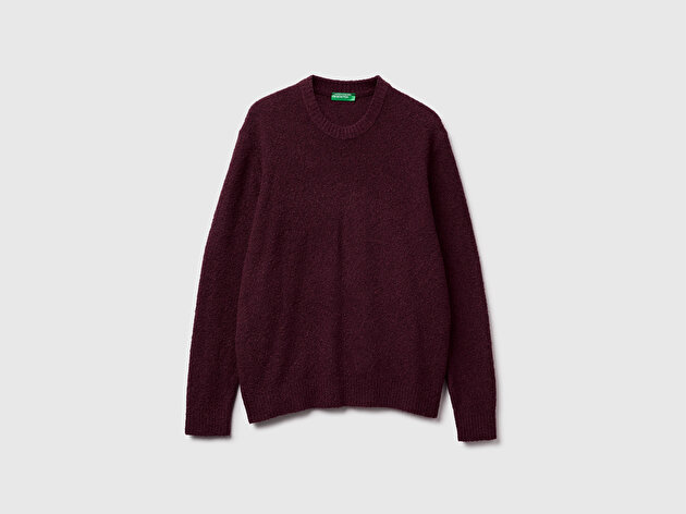 Benetton Erkek Koyu Kahverengi Pamuk ve Yün Karışımlı Ribana Detaylı Bisiklet Yaka Kazak