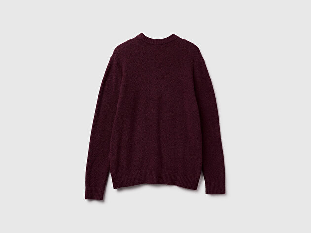 Benetton Erkek Koyu Kahverengi Pamuk ve Yün Karışımlı Ribana Detaylı Bisiklet Yaka Kazak