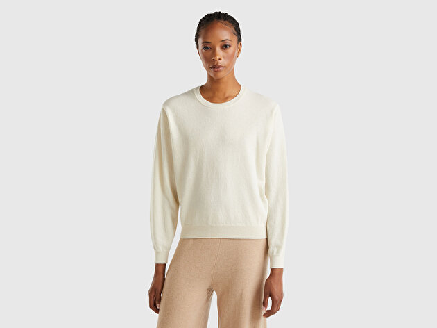 Benetton Kadın Krem %100 Merino Ribana Detaylı Bisiklet Yaka Kazak