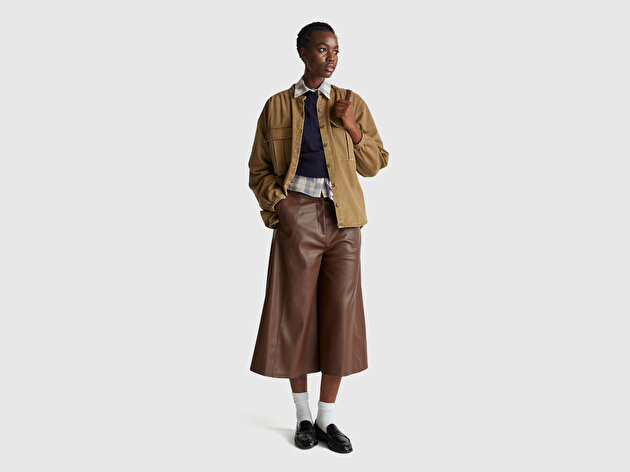 Benetton Kadın Suni Deri Geniş Paça 3/4 Boy Pantolon