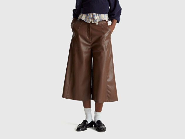Benetton Kadın Suni Deri Geniş Paça 3/4 Boy Pantolon